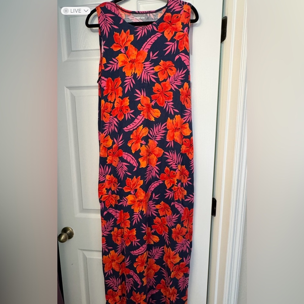 Lands' End Maxi Dress Women’s Size L Navy Orange Pink Cotton Pockets Slits